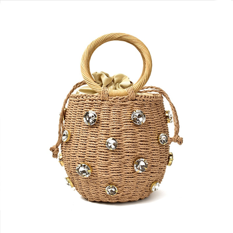 Bolsa de palha embelezada com cristal de strass artesanal