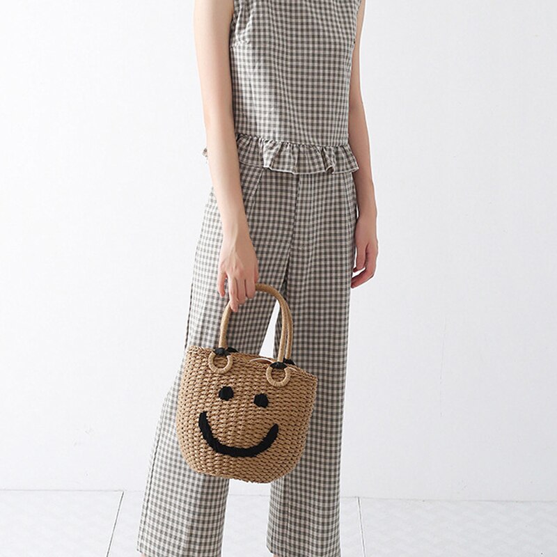 Straw Smiley Bucket Woven Bag