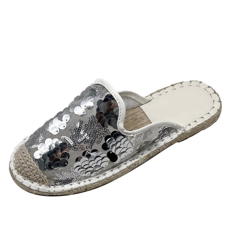 Hemp Soled Sequined Cloth Bling Flat Slippers