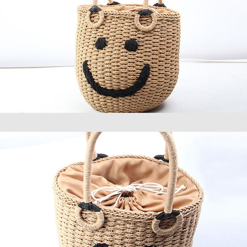 Straw Smiley Bucket Woven Bag