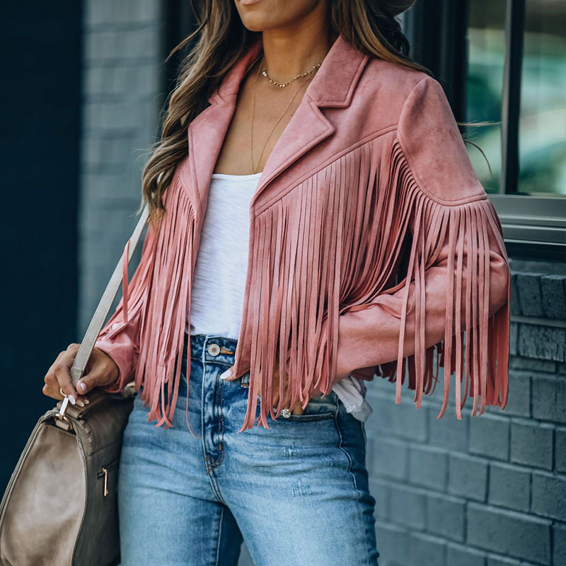 Veste Hippie Courte à Franges à Manches Longues et Revers Vintage