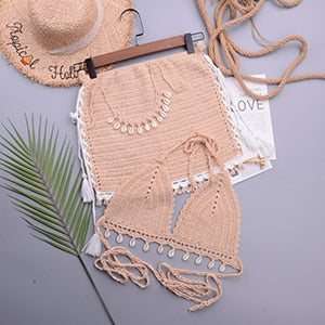 3-teiliges Bikini-Set mit gehäkelter Muschelquaste