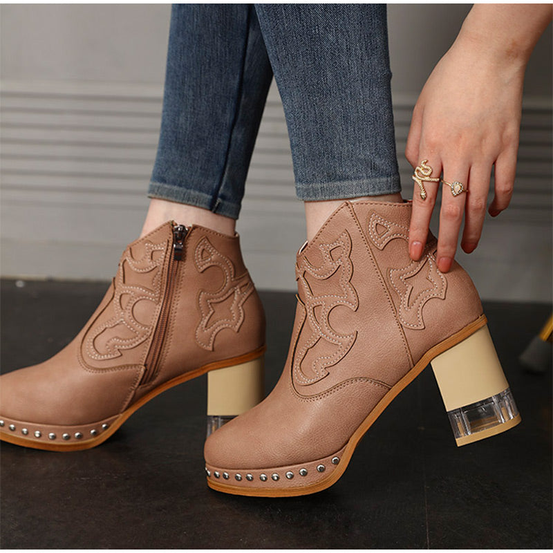 Embroidered Thick Heel Sewing Rivets Vintage Ankle Boots