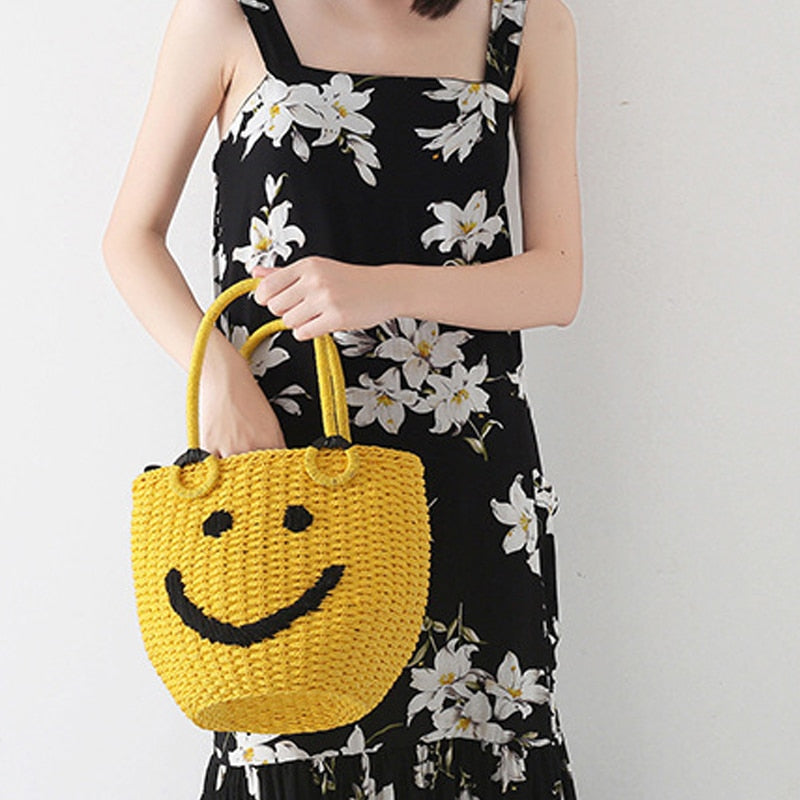 Straw Smiley Bucket Woven Bag