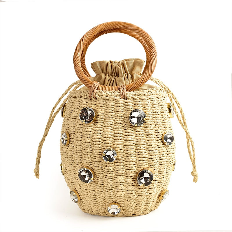 Bolsa de palha embelezada com cristal de strass artesanal