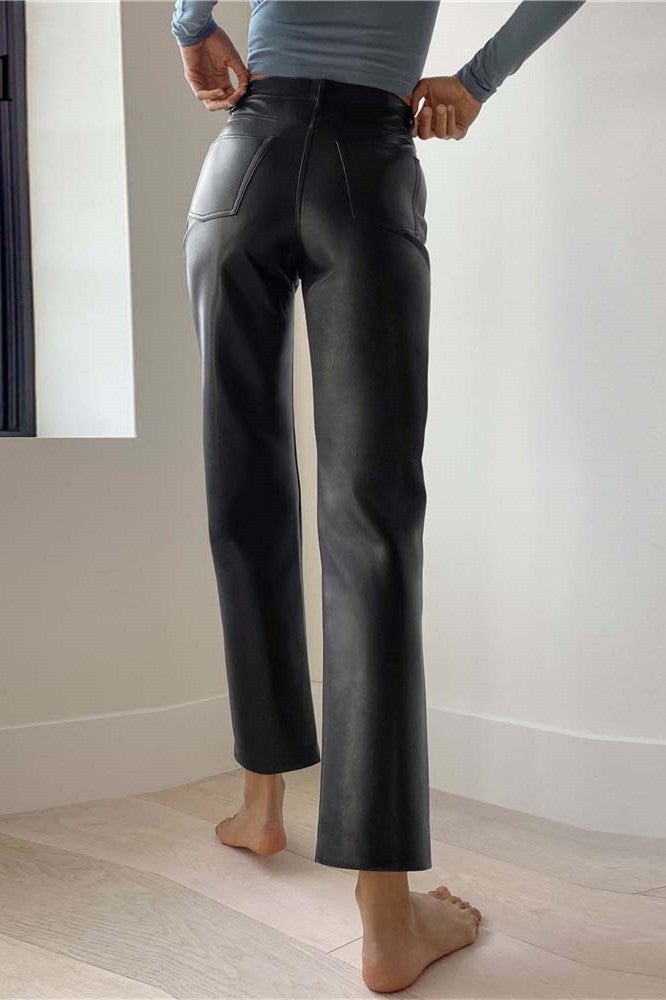 Pantalon droit taille haute en similicuir