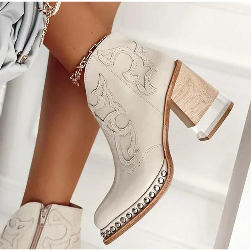 Embroidered Thick Heel Sewing Rivets Vintage Ankle Boots