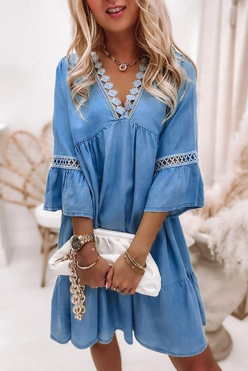 V-neck printed Lace-paneled Boho Dress