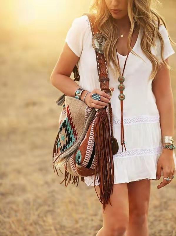 Bolso de hombro con borlas de lona vintage bohemio 