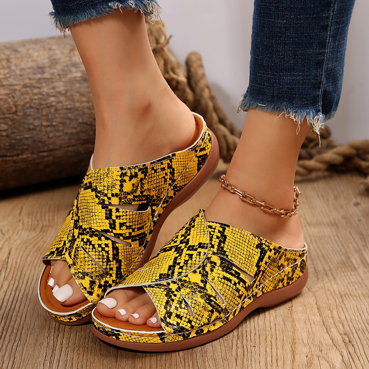 Snake Print Strappy Flat Sandals