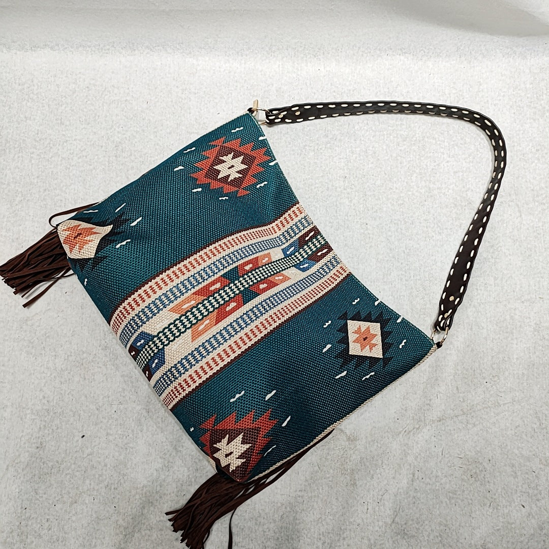 Bolso de hombro con borlas de lona vintage bohemio 