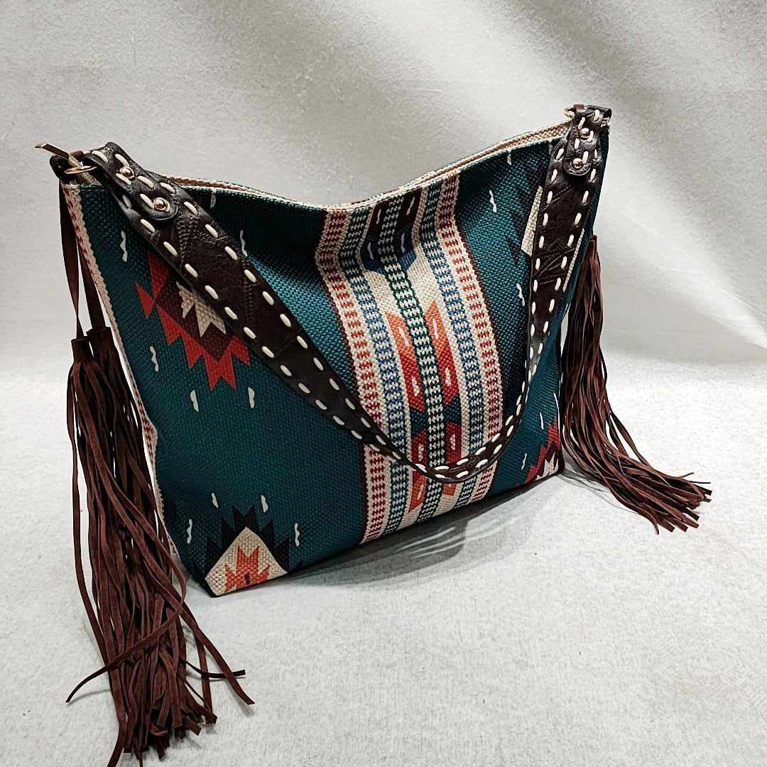 Bolso de hombro con borlas de lona vintage bohemio 