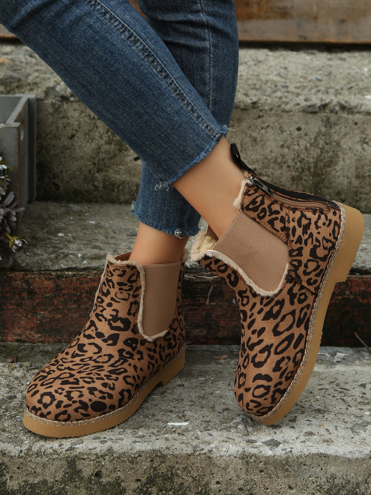 Slip On Leopard Plush Sole Ankle Booties