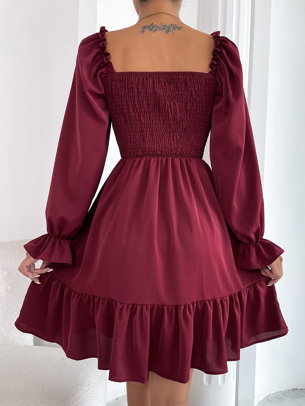 Elegant Square neck High waist Ruffle Dress