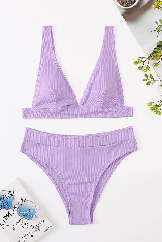 Conjunto de bikini de cintura alta con escote en V profundo de color liso 