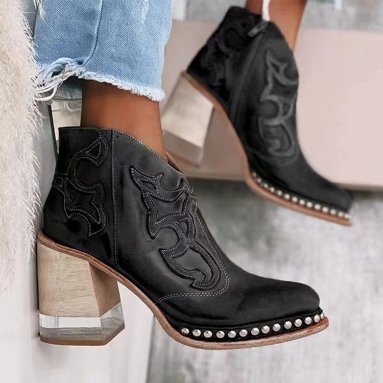 Embroidered Thick Heel Sewing Rivets Vintage Ankle Boots