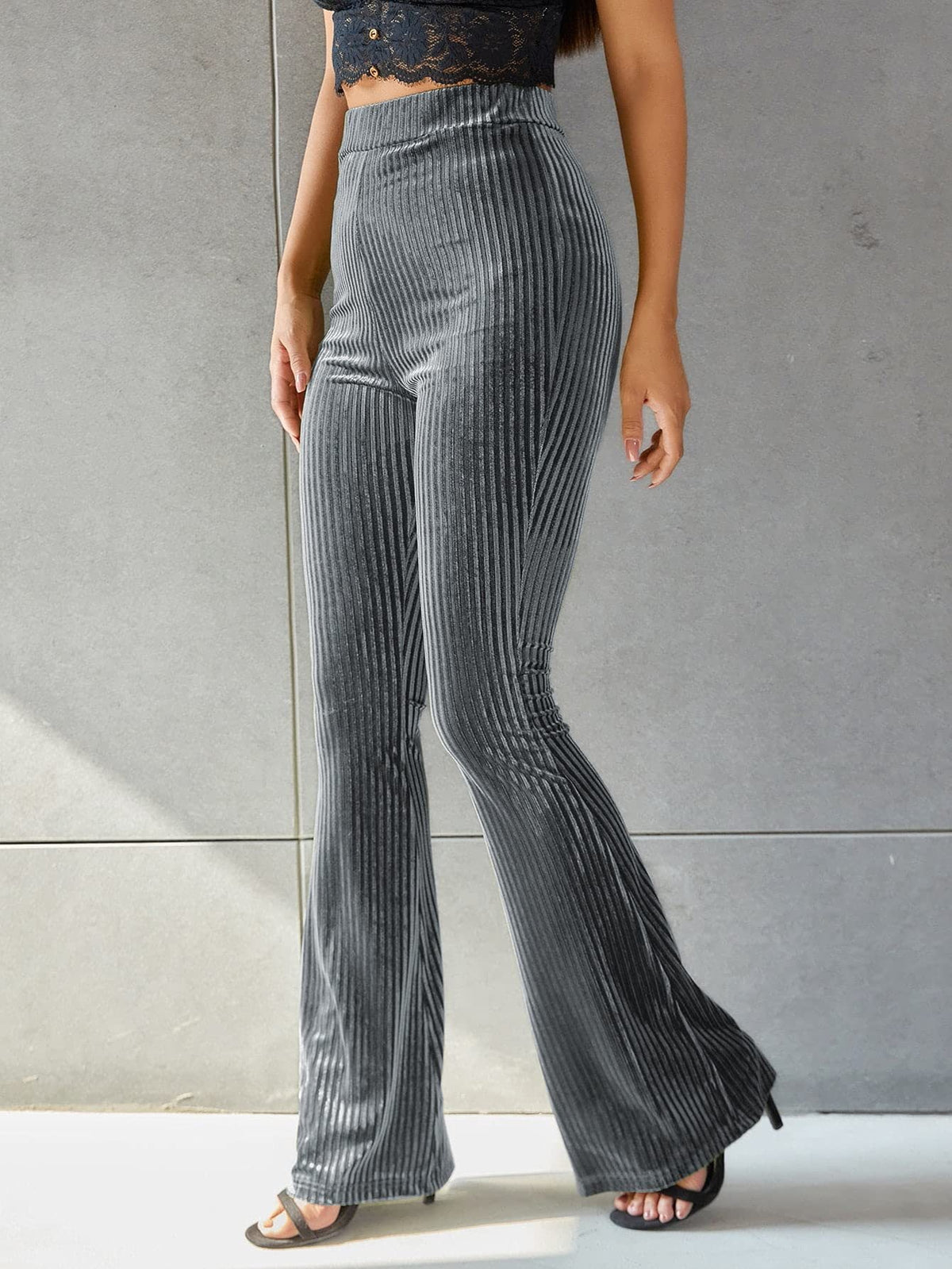 Pantalon Flare Taille Haute à Rayures en Velours