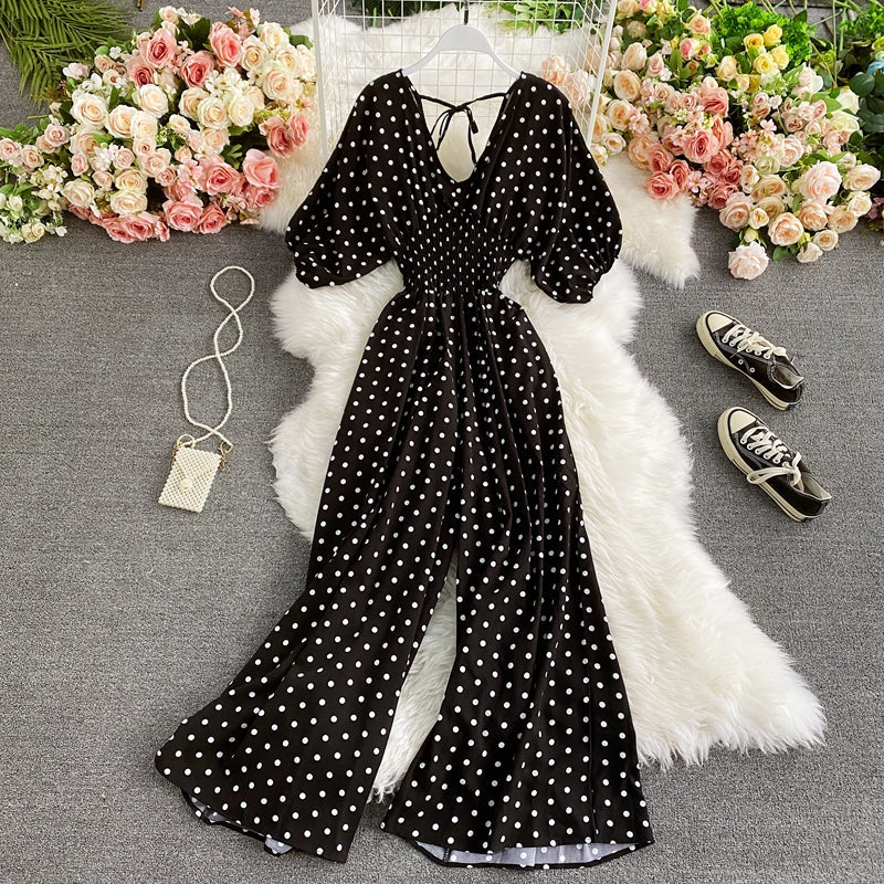 Polka Dot Puff Short Sleeve High Waist Jumpsuit