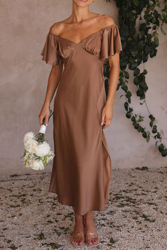 Solid Satin Barrel Neck Strapless Pleated Dress