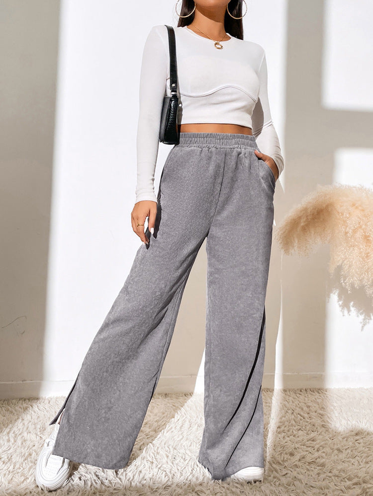 High Waist Solid Corduroy Panel Slit Hem Pants