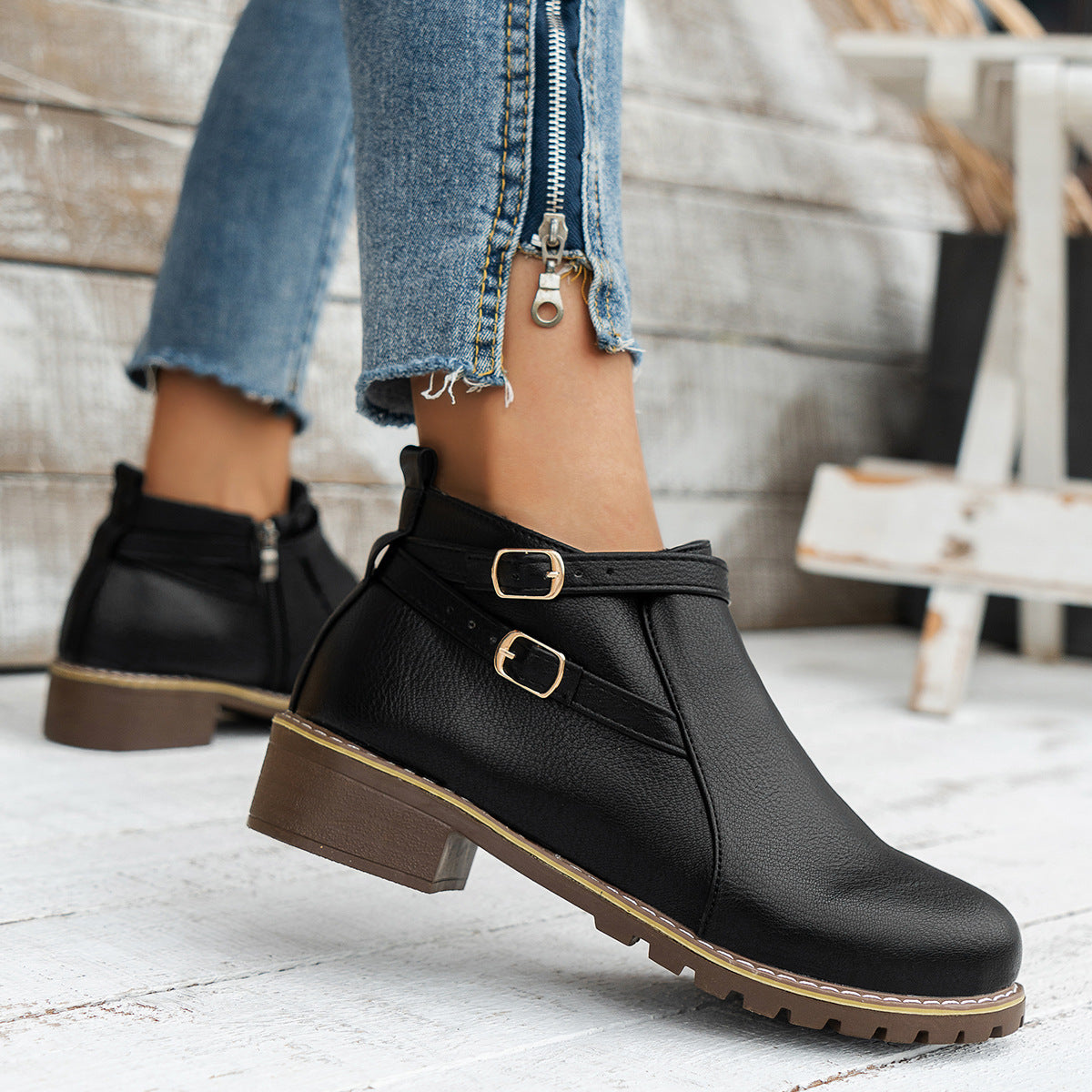 Chunky Heel Side Zip Buckle Martin Boots