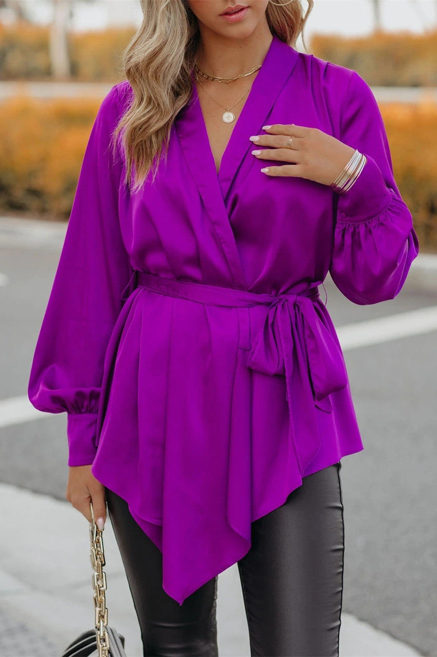 V-neck Lantern Sleeves laced High waist Shirt