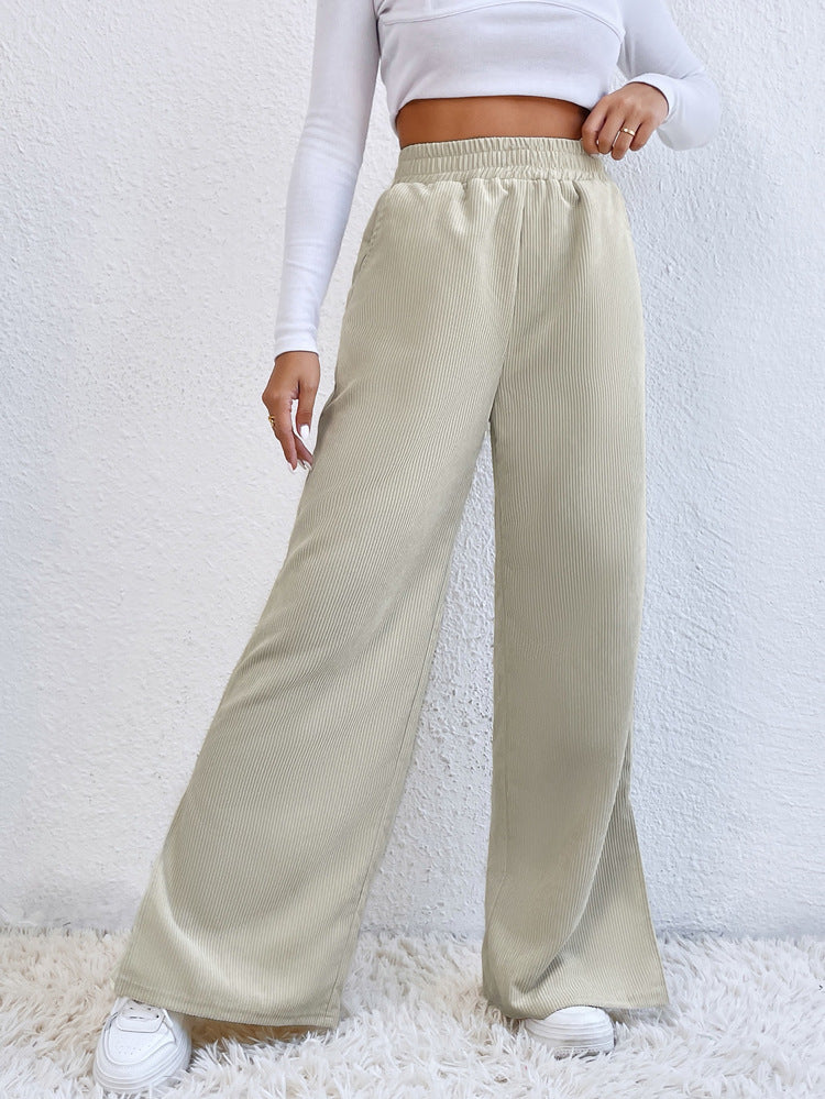 High Waist Solid Corduroy Panel Slit Hem Pants