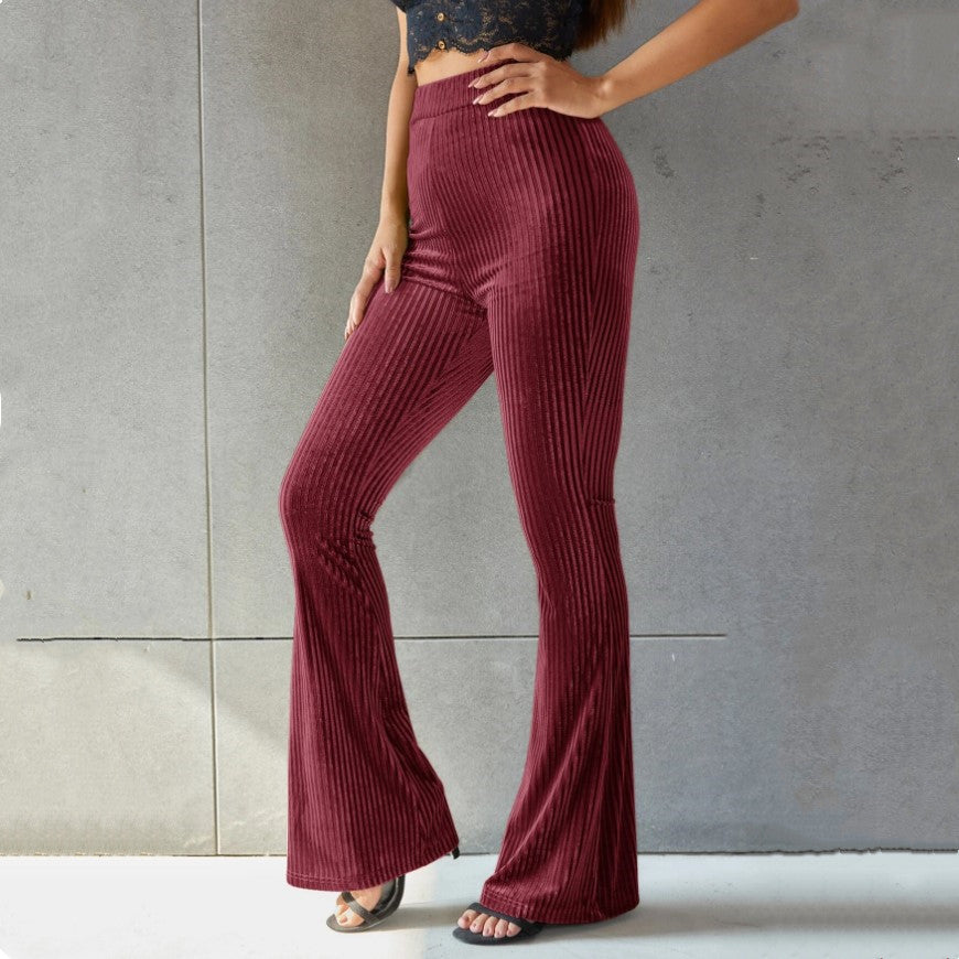 Pantalon Flare Taille Haute à Rayures en Velours