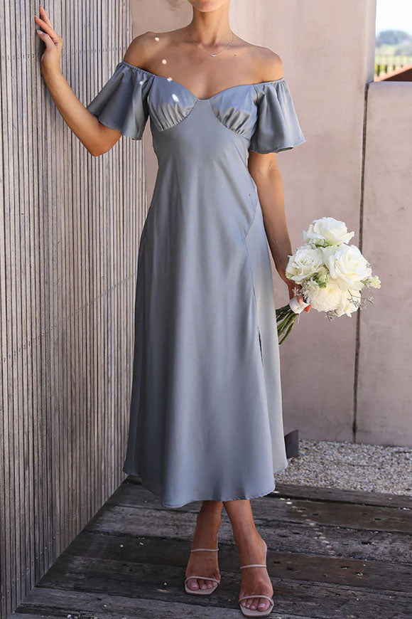 Solid Satin Barrel Neck Strapless Pleated Dress