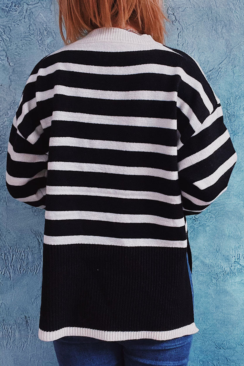 Loose Striped Contrast Slit Crewneck Sweater