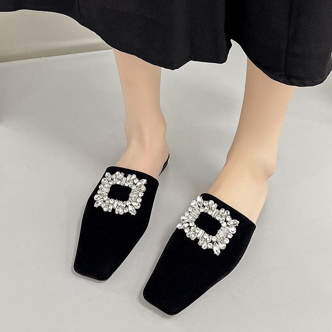 Elegant Crystal Square Toe Mules Flat Slippers