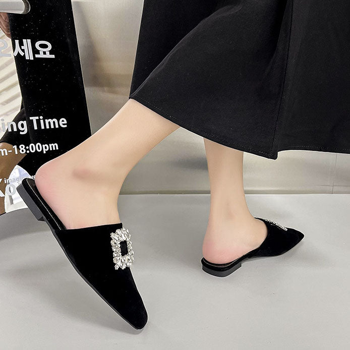 Elegant Crystal Square Toe Mules Flat Slippers