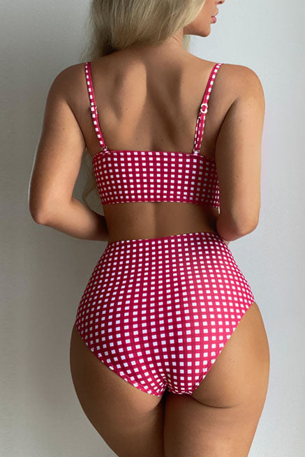 High Waist PlaidPush Up Ruched Bikini Set