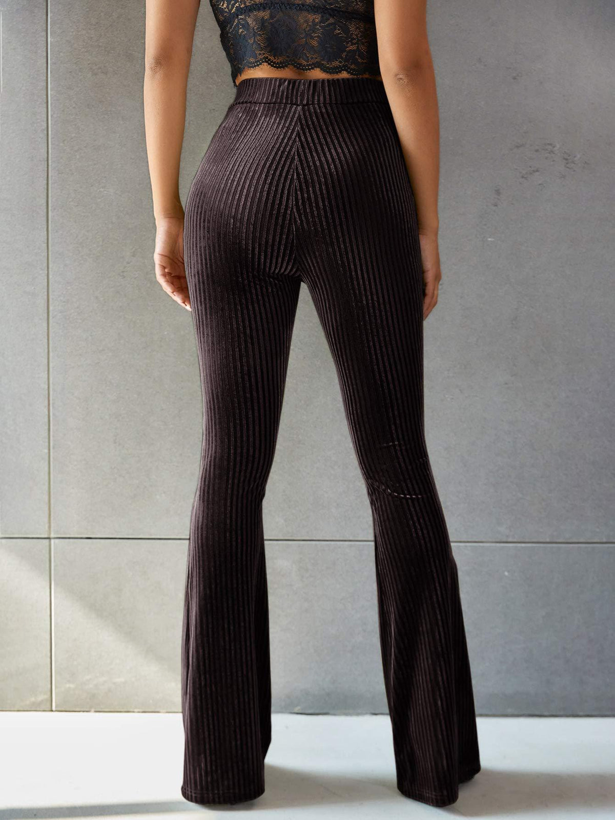 Pantalon Flare Taille Haute à Rayures en Velours