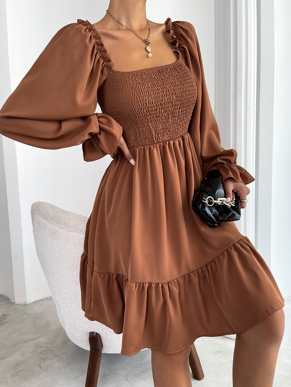 Elegant Square neck High waist Ruffle Dress