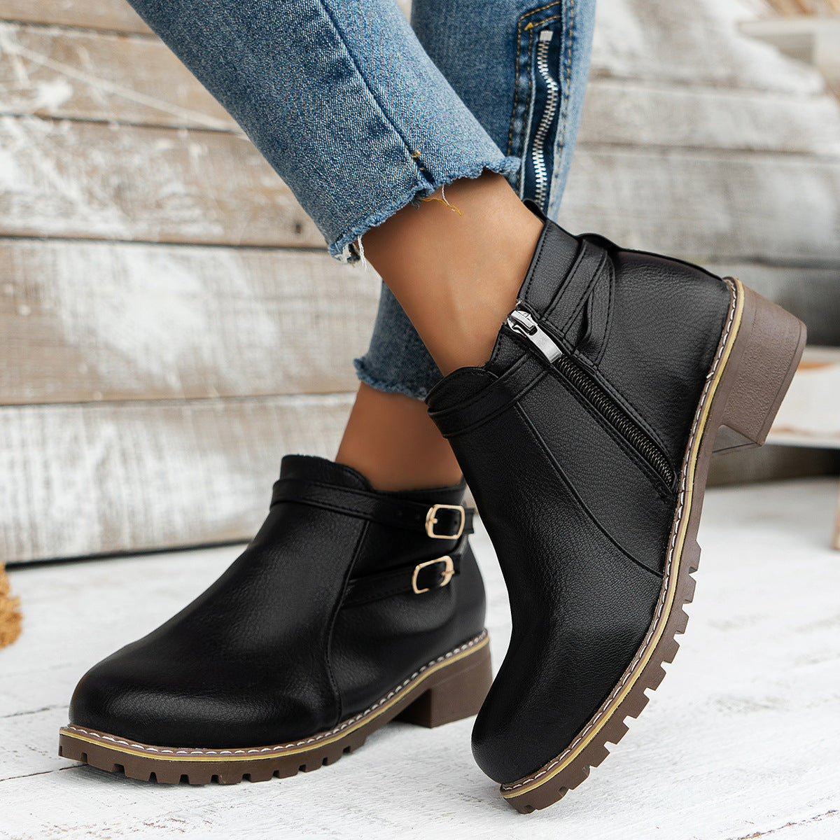 Chunky Heel Side Zip Buckle Martin Boots