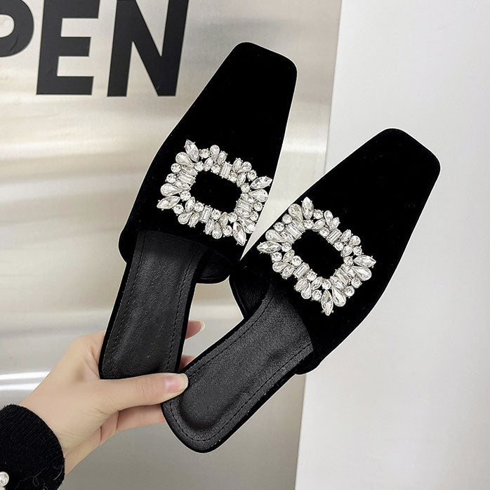 Elegant Crystal Square Toe Mules Flat Slippers