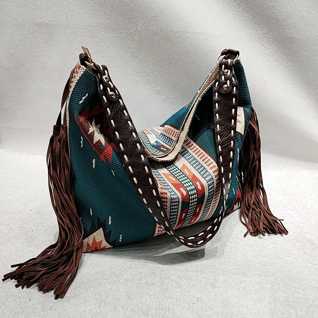 Bolso de hombro con borlas de lona vintage bohemio 