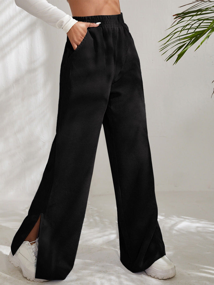 High Waist Solid Corduroy Panel Slit Hem Pants