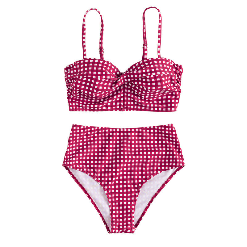 High Waist PlaidPush Up Ruched Bikini Set