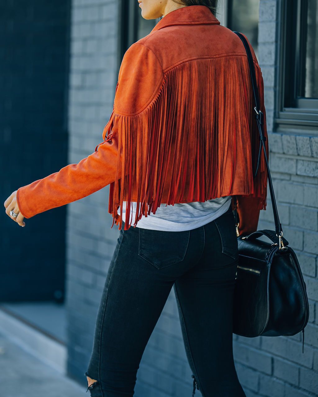 Veste Hippie Courte à Franges à Manches Longues et Revers Vintage