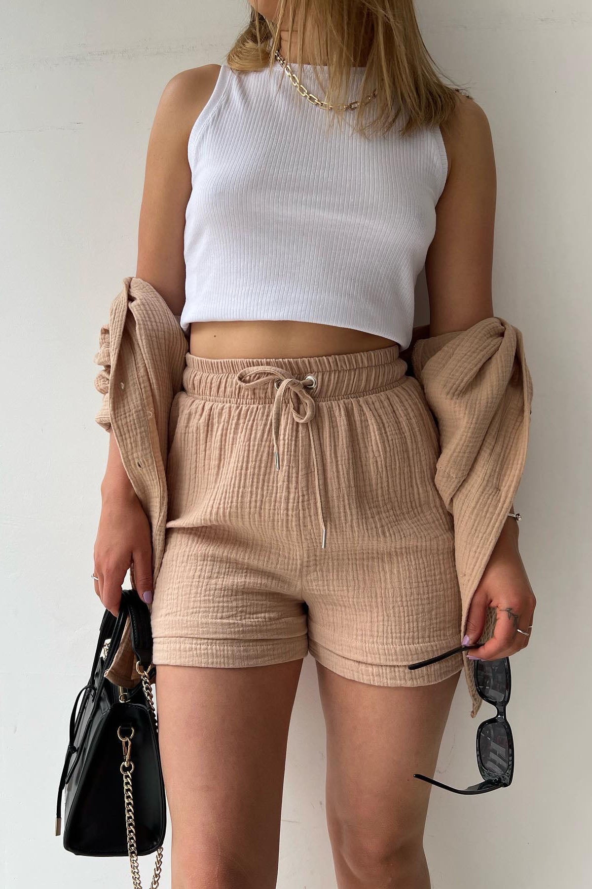 Solid Color Mock Neck Top and High-Waist Shorts Set 