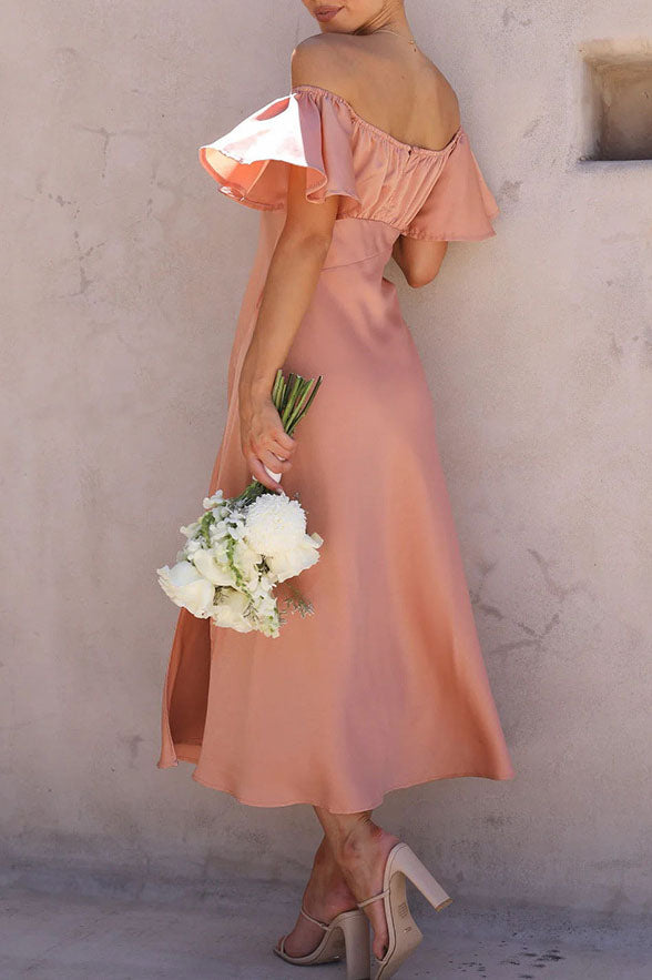 Solid Satin Barrel Neck Strapless Pleated Dress