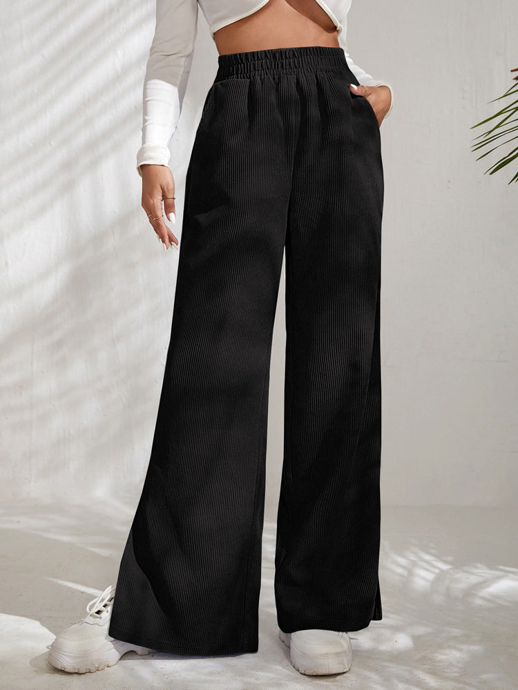 High Waist Solid Corduroy Panel Slit Hem Pants