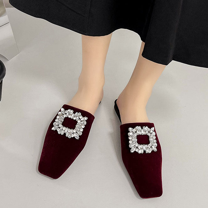 Elegant Crystal Square Toe Mules Flat Slippers