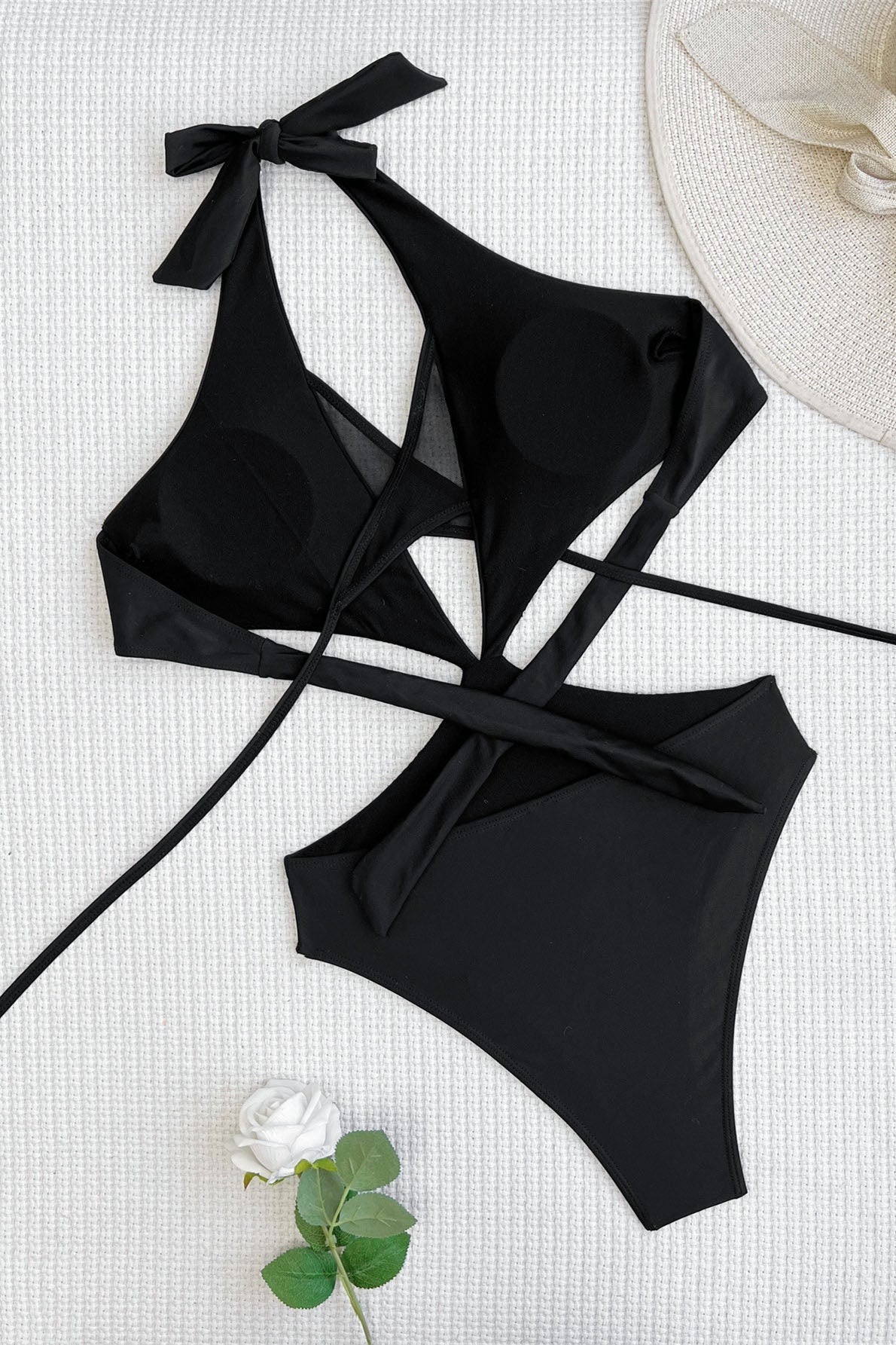 Black Double Layer Crossover One Piece Swimsuit