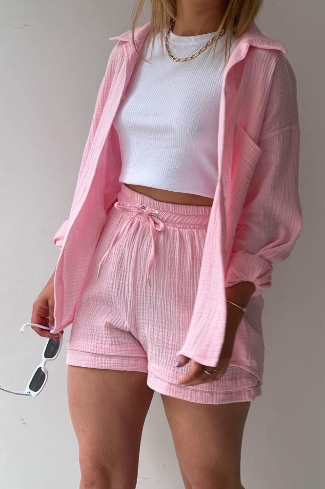 Solid Color Mock Neck Top and High-Waist Shorts Set 