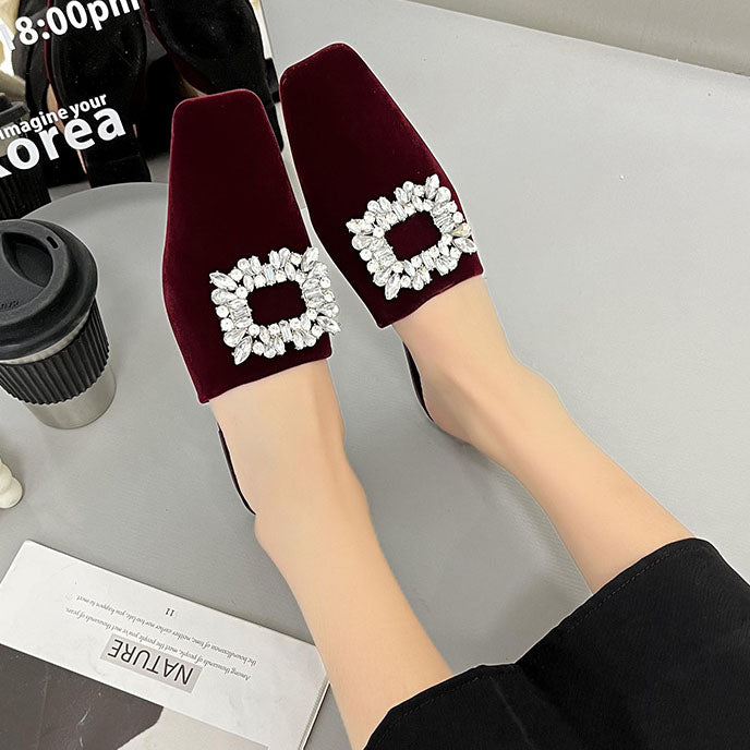 Elegant Crystal Square Toe Mules Flat Slippers