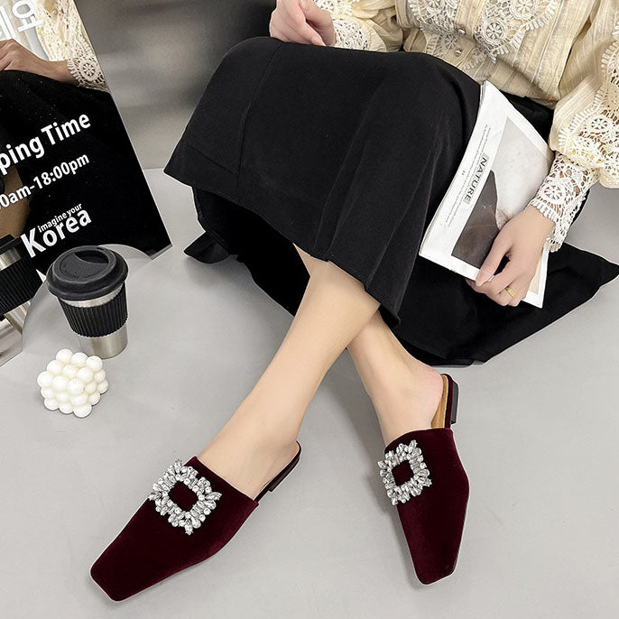 Elegant Crystal Square Toe Mules Flat Slippers