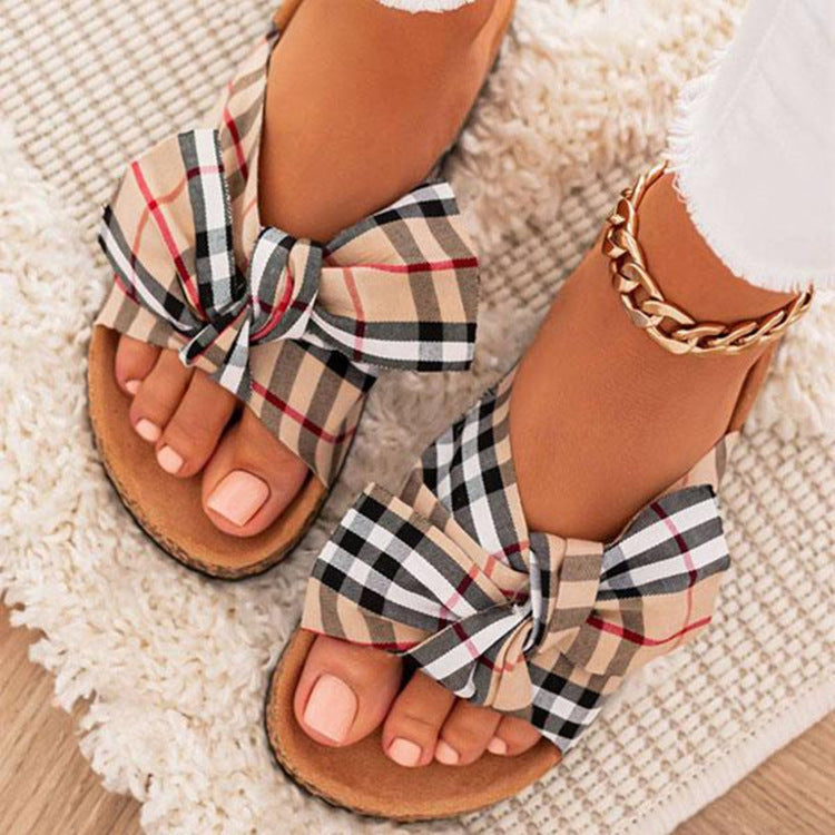 Comfortable Classic Plaid Bow Slides